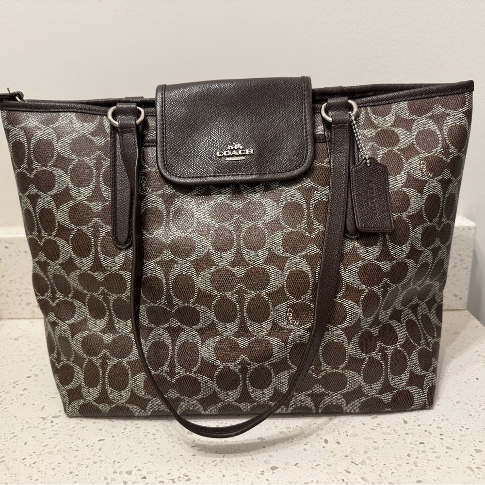 Coach PVC Ward Signature Tote Large Purse Bag Logo Brown